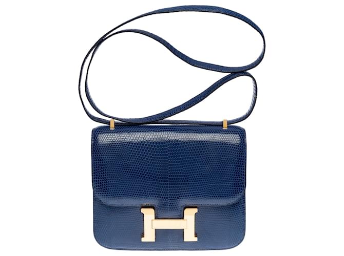 Exceptional & Rare Hermès Mini Constance shoulder bag 18 in sapphire blue  Varanus Niloticus lizard, gold plated metal trim ref.573190 - Joli Closet