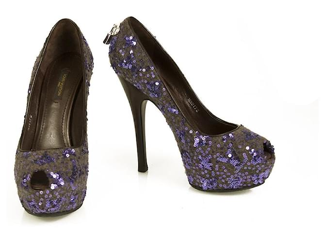 Louis Vuitton Oh Really Purple Sequins Glitter Lock Platform Peep Toe Pompes 37 Multicolore  ref.573207