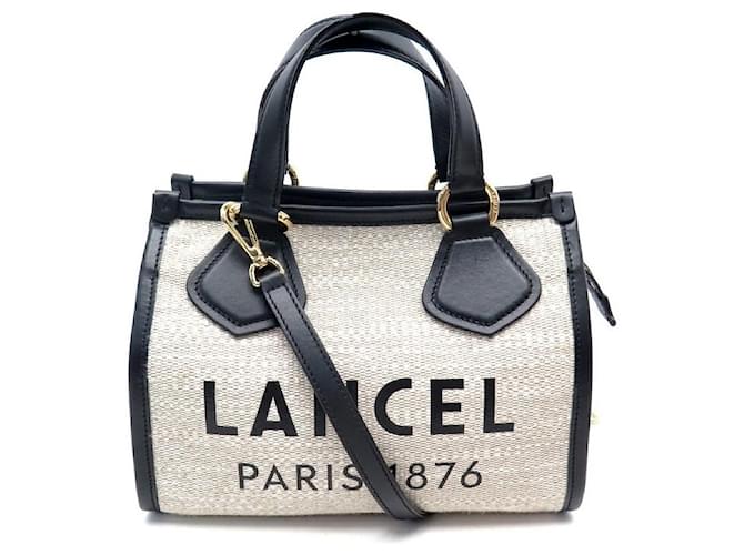 NEW LANCEL SUMMER TOTE MINI A HANDBAG12006 BEIGE AND BLACK CANVAS AND LEATHER  ref.574206