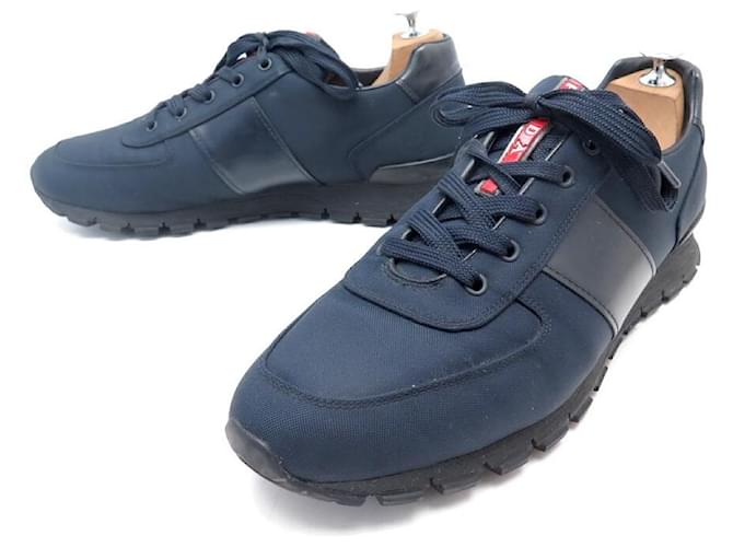 PRADA MATCH RACE SNEAKERS 45 NAVY BLUE CANVAS AND LEATHER SHOES  ref.574319