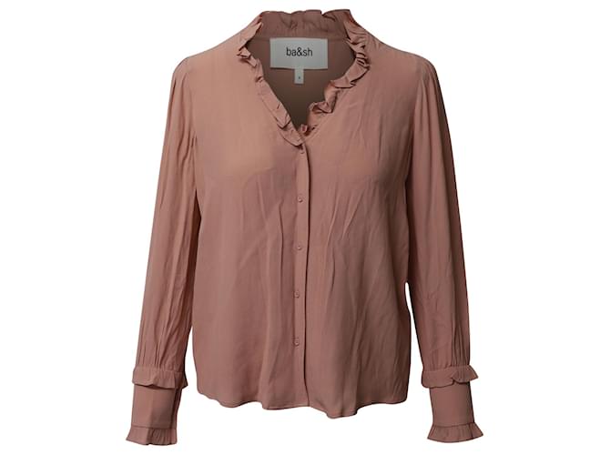 Ba&sh Ruffled V-neck Long Sleeve Shirt in Rose Pink Viscose Cellulose fibre  ref.574555