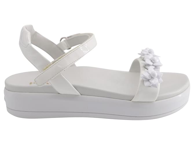 Prada Floral Embellished Platform Sandals in White Patent Leather  ref.574848