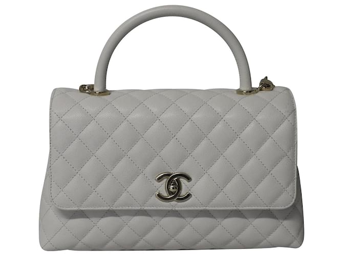 Borsa Chanel con manico superiore trapuntato a diamante in pelle bianca caviale Bianco  ref.575097