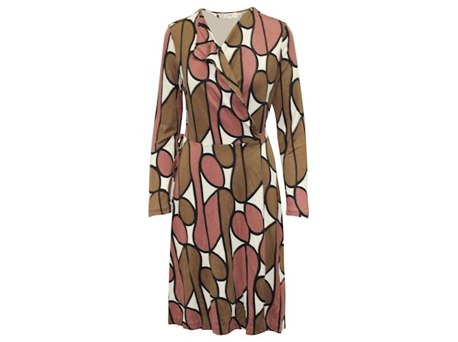Diane Von Furstenberg Two Tone Print Wrap Midi Dress in Brown/Pink Silk  ref.575162