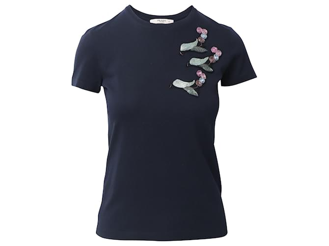 Prada Embroidered T-shirt in Navy Blue Cotton  ref.575180