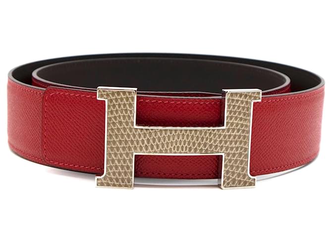 Hermès Hermes 42mm Vermelho Preto Lagarto Inlay H Reversível Tamanho da Correia 100 Couro  ref.575310