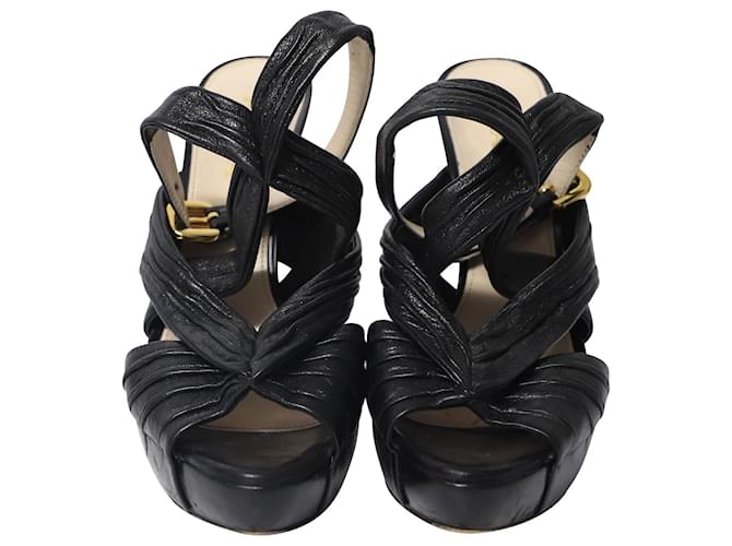 Double Prada Ankle Strap Platform Heels in Black Leather  ref.575497