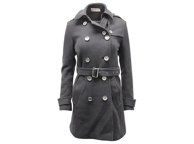 Burberry Double-Breasted Belted Trench Coat in Black Wool  ref.576195