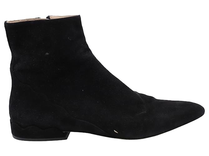 Chloé Chloe Scallop Trim Flat Ankle Boots in Black Suede  ref.576274