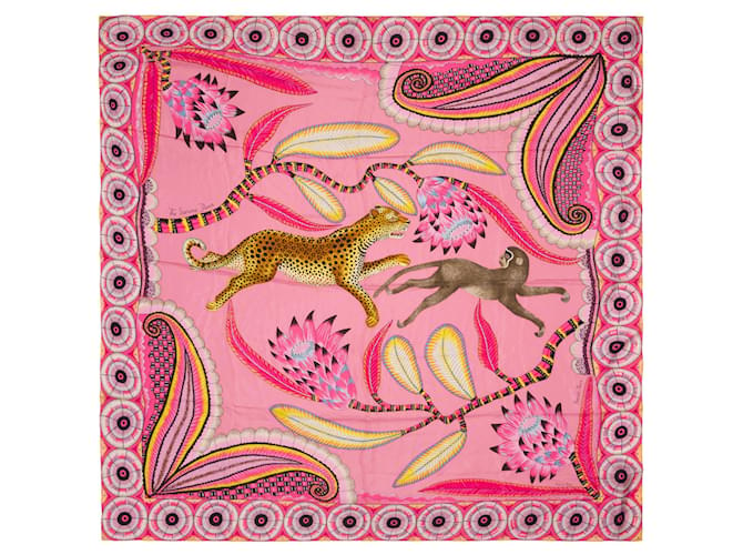 Élégant Châle Hermès “The Savana Dance”, de couleurs rose et jaune Soie  ref.576336