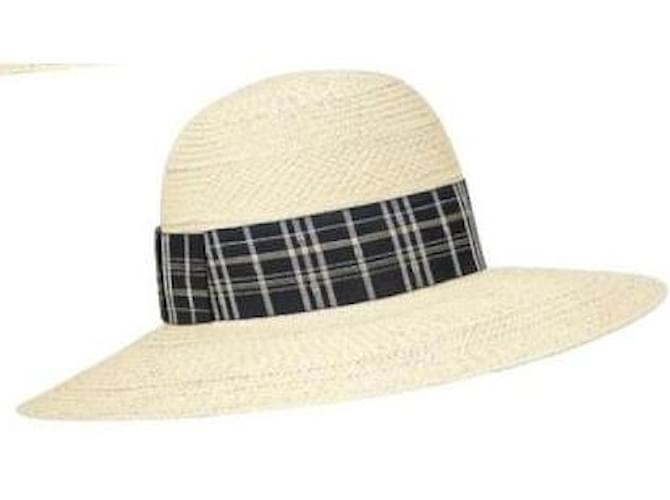 Hermès: Hat / Panama Model Anouk pattern "Tartan" Black & White T 58 Beige Straw  ref.576383