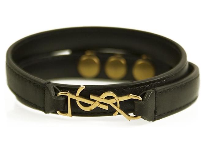 Yves Saint Laurent OPYUM lined WRAP BRACELET Black LEATHER Gold Tone Logo METAL  ref.576438