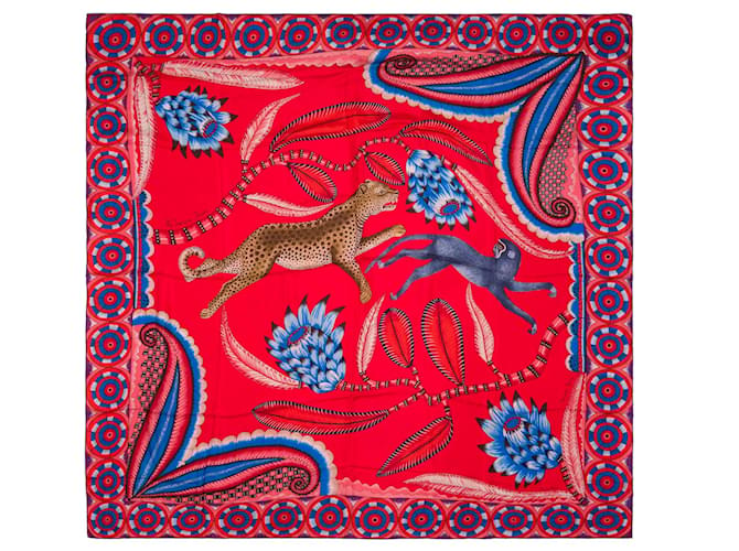 Elegante Xale Hermès “A Dança da Savana”, cores vermelhas e azuis Vermelho Seda  ref.576461