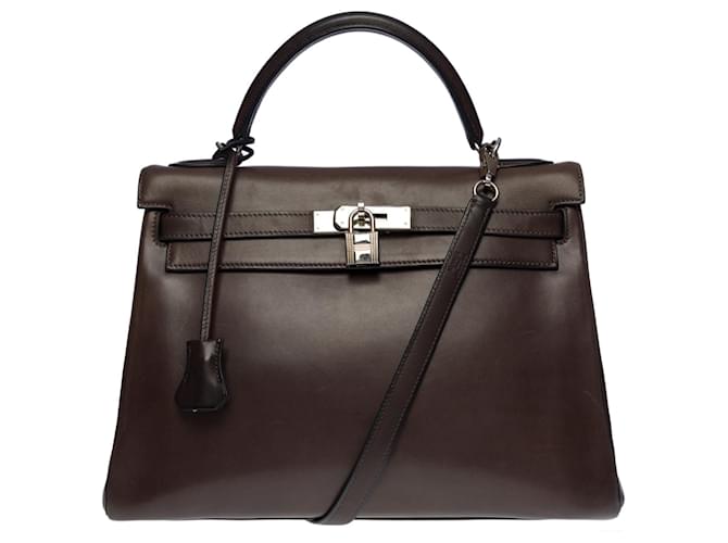 Hermès Splendid & Rare Hermes Kelly handbag 32 turned shoulder strap in brown barenia leather, palladium silver metal trim  ref.576492