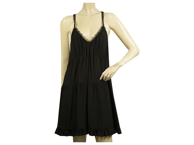 Dondup Schwarzes Viskose-Mini-Sleeveless-Layer-Spaghettikleid mit Rüschensaum Größe 40