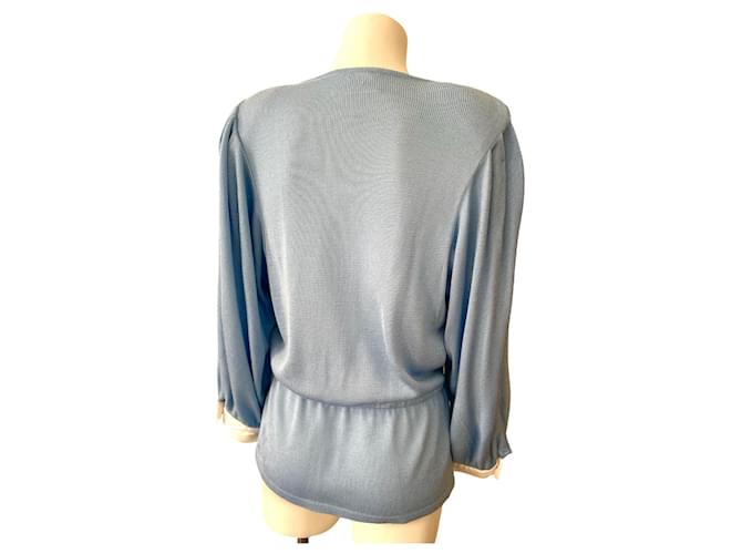 Superb fitted knit jacket 80s Nina Ricci 38 sky blue knit and cotton, White, golden Light blue Viscose Acrylic  ref.576671
