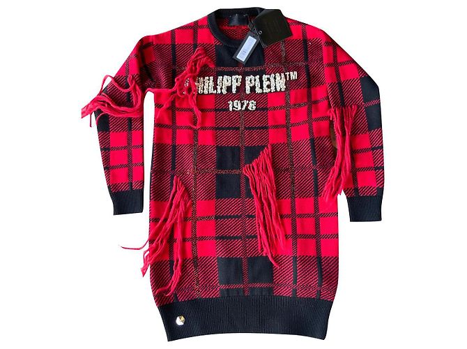 Philipp Plein SS Tartan Woll Minikleid Schwarz Rot