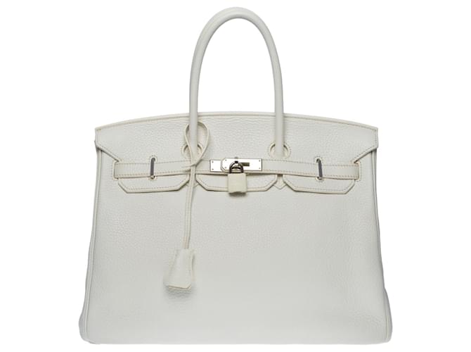 Espléndido bolso de mano Hermès Birkin 35 cm cuero blanco togo, adornos de metal plateado paladio  ref.577018