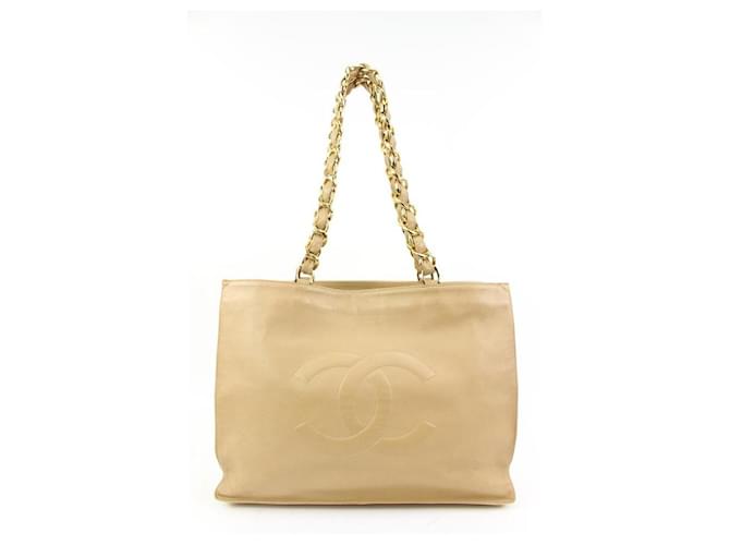 Chanel Bolsa Shopper Jumbo Gold Chain Bege Pele de Cordeiro Couro Ouro branco Cadeia  ref.577256