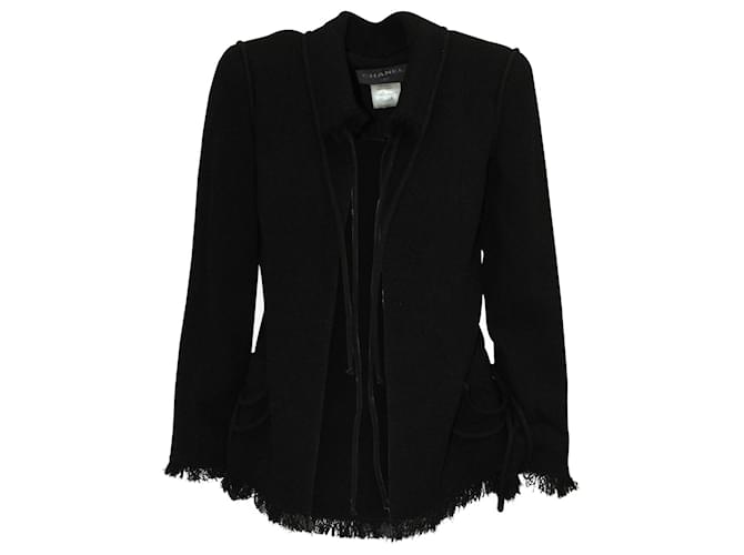 Timeless Chanel Short Tie Neckline Fringe Cardigan Jacket in Black Wool  ref.577444