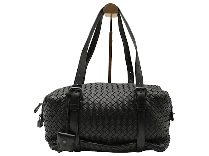 Bottega Veneta Boston Intrecciato Shoulder Bag in Black Leather   ref.577494