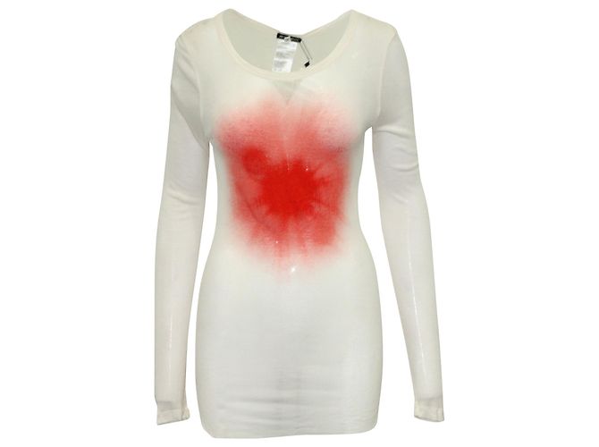 Top de punto transparente de manga larga con estampado de salpicaduras en rayón rojo y blanco de Ann Demeulemeester