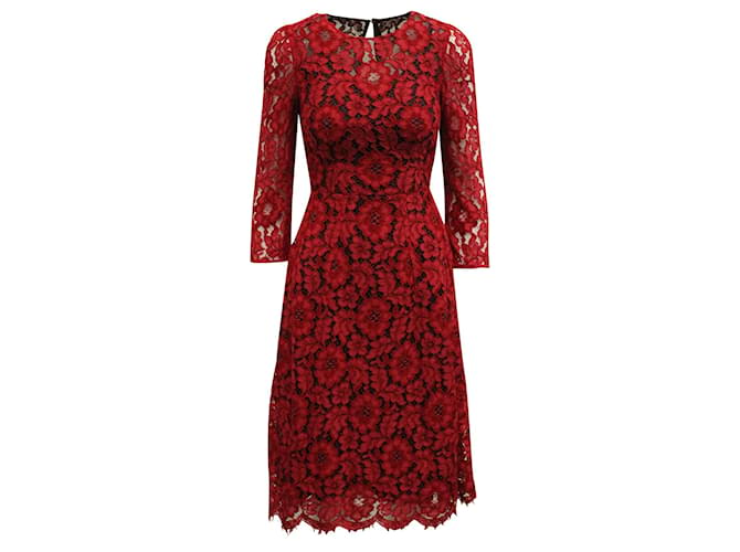 Dolce & Gabbana Dolce and Gabbana Robe mi-longue en dentelle en rayonne rouge Fibre de cellulose  ref.577951