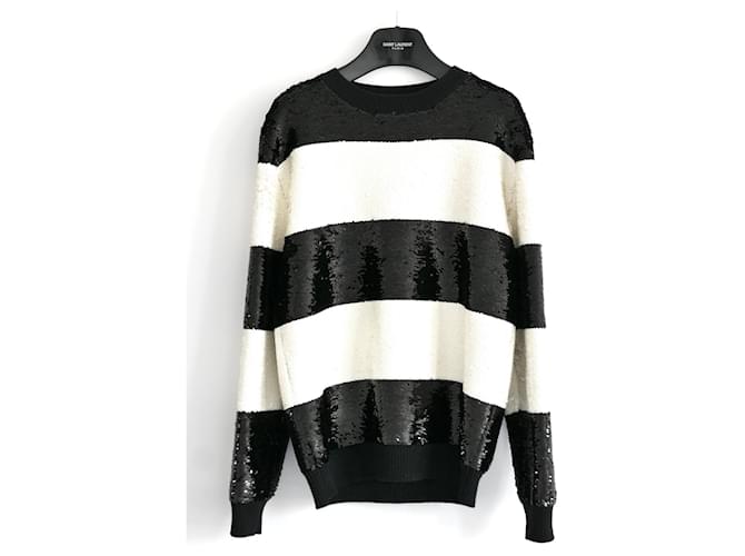 Saint Laurent Men Striped Sequin Sweater Jumper Black White  ref.578041