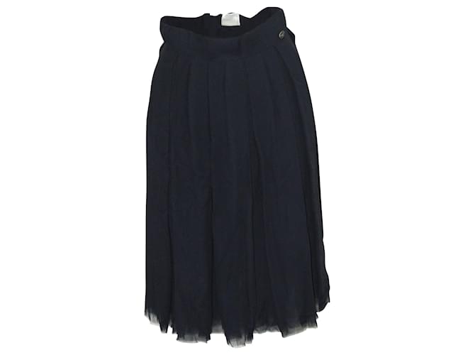 Chanel Pleated Skirt in Navy Blue Silk  ref.578042