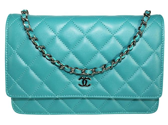Chanel Teal Blue Wallet on Chain with Silver CC Lambskin ref