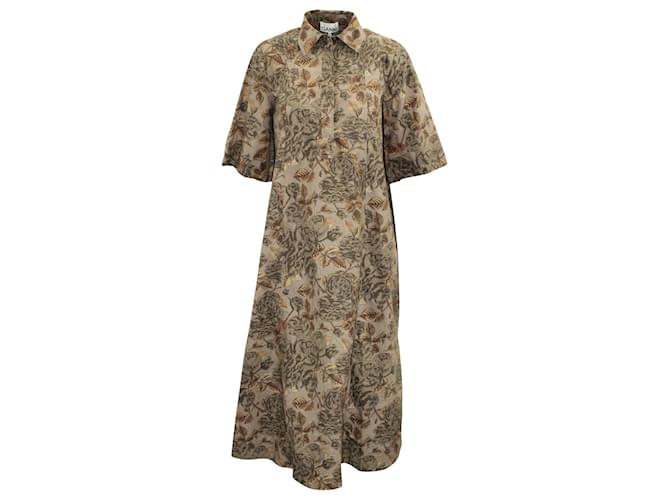 Ganni Robe longue en popeline à imprimé floral en coton marron  ref.578147