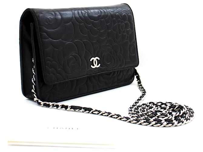 CHANEL Black Camellia Embossed Wallet On Chain WOC Shoulder Bag SV Leather  ref.578325