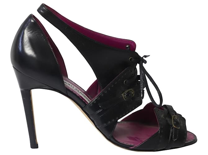 Manolo Blahnik Strappy Lace Open Toe Heels in Black Leather  ref.578358