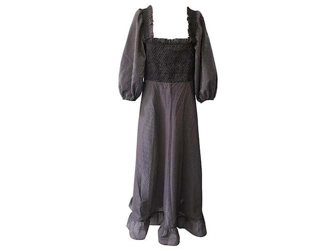 Ganni Smocked Ruffled Hem Midi Dress in Black Silk  ref.578616