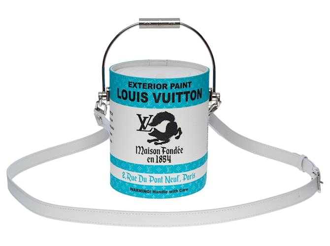 Louis Vuitton Erhabene und seltene türkisblaue und weiße LV Paint Can Tasche Leder  ref.578787
