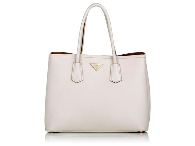 Prada Women Small Saffiano Leather Double Prada Bag-White