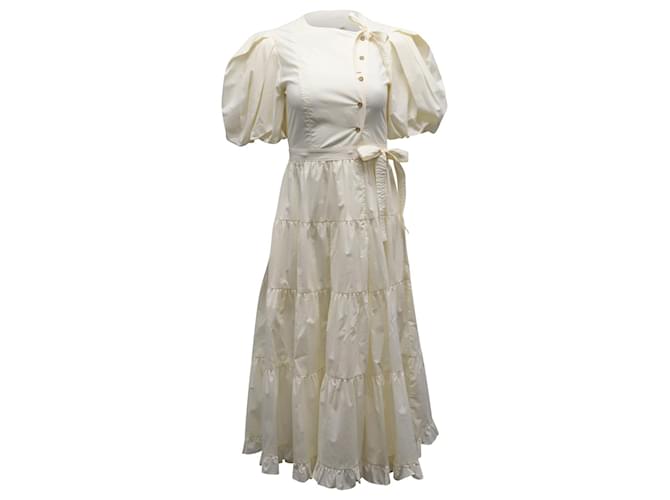 Ulla Johnson Agathe Tiered Puffed Sleeve Midi Dress in White Cotton Cream  ref.579153