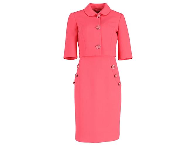 Michael Kors Button-Embellished Shift Dress with Cropped Jacket in Coral  Pink Wool  - Joli Closet