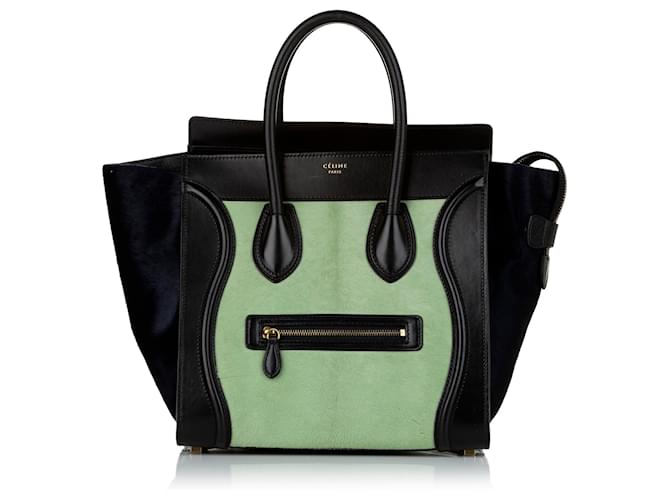 Luggage Céline Celine Green Mini-Gepäck Zweifarbige Ponyhaar-Einkaufstasche Schwarz Grün Leder Kalbähnliches Kalb Rosshaar  ref.581435