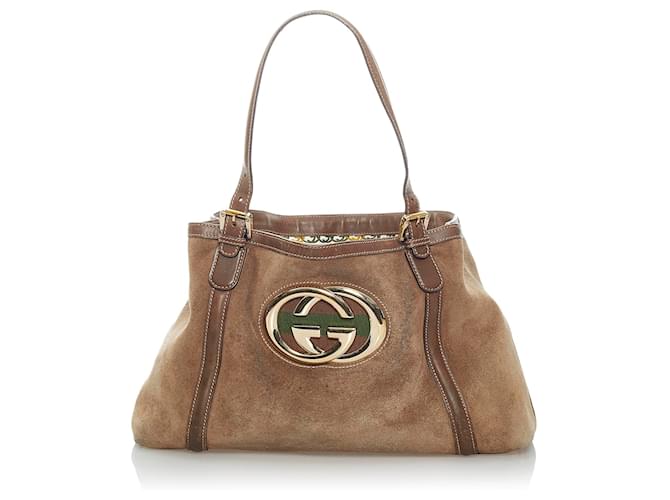 Gucci Brown Dialux Britt Suede Tote Bag Dark brown Leather Pony-style calfskin  ref.581448