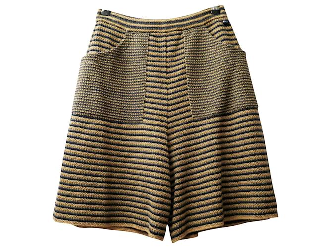 Chanel cruise 2015 Paper Knit Bermuda Shorts Caramel Navy blue Silk Cotton  ref.581737