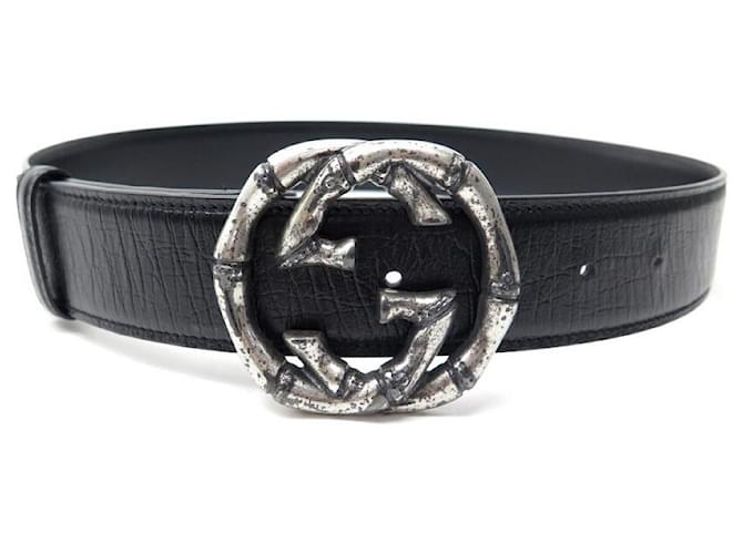 NEW GUCCI BELT 114868 BAMBOO GG AGED METAL BUCKLE 75 BLACK LEATHER BELT  ref.581805