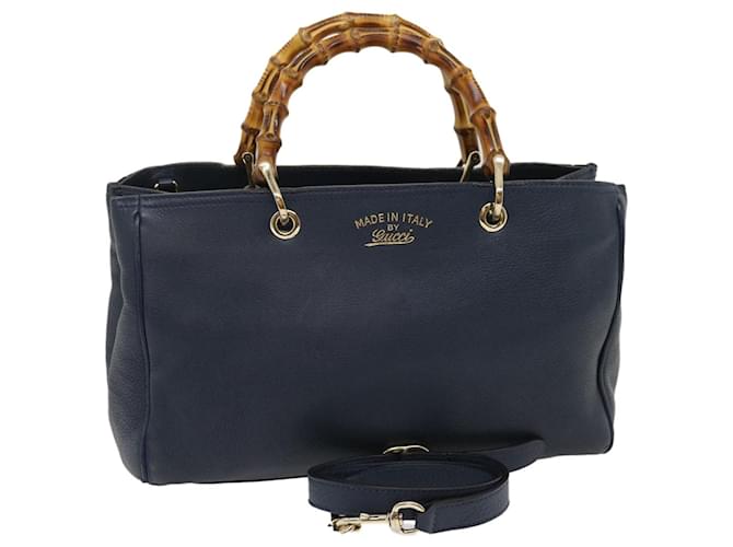 GUCCI Bamboo Hand Bag Shoulder Bag 2way Leather Blue Auth cl075  ref.583403