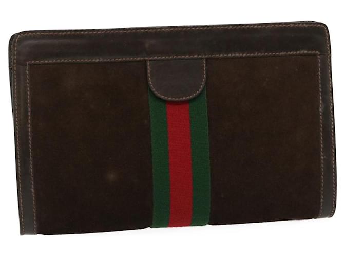 GUCCI Web Sherry Line GG Clutch Bag Suede Leather Brown Red Green Auth ar6877  ref.583781