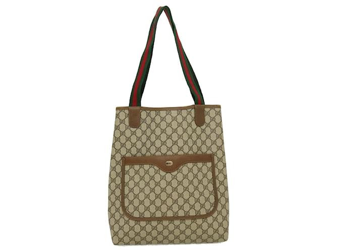 GUCCI Web Sherry Line GG Canvas Tote Bag Beige Red Green Auth fm1382 ...