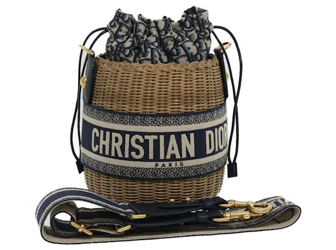Christian Dior Basket Bag Trotter Canvas Shoulder Bag Rattan Blue Auth jk1683a  ref.583923
