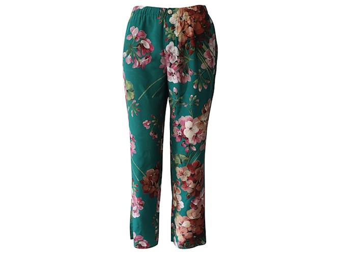 Gucci Pantalon Imprimé Floral en Soie Verte  ref.584187