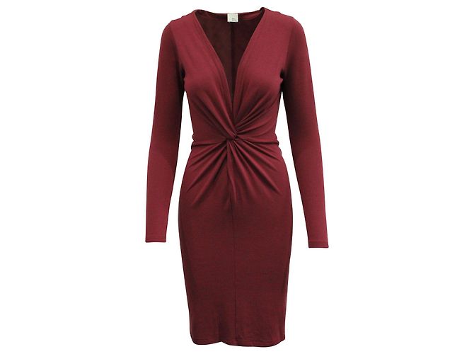 Iris & Ink Midikleid mit Knoten vorne aus burgunderroter Viskose Bordeaux