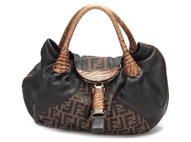 Fendi Leather Trimmed Zucca Spy Bag Brown ref.584959 Joli Closet