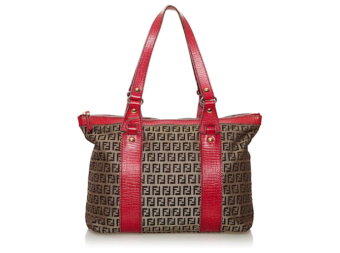 Fendi Brown Zucchino Canvas Tote Bag Pink Leather Cloth Pony-style calfskin Cloth  ref.560226